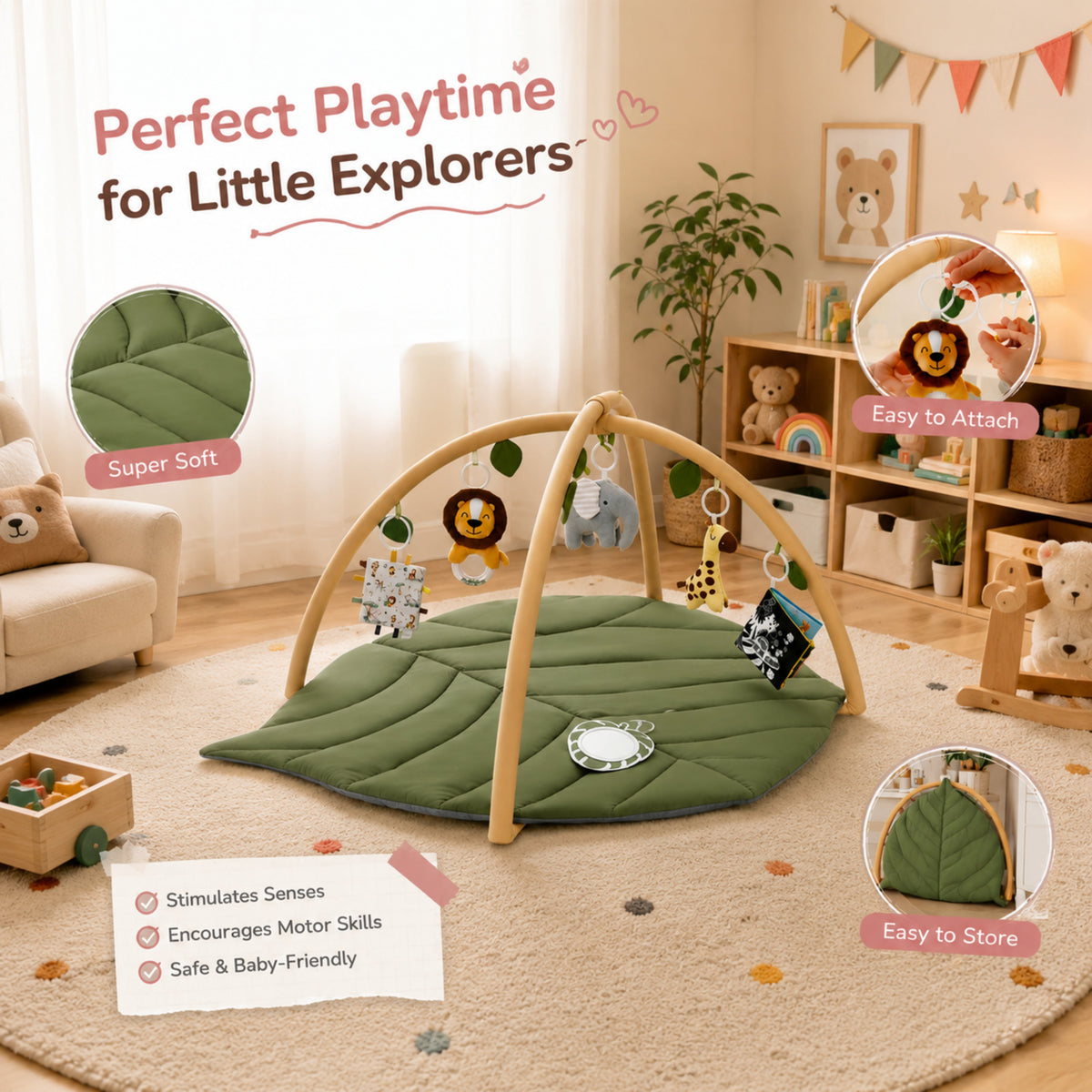 Leaf-Shaped Baby Play Gym Mat with Arch Bars and Hanging Toys