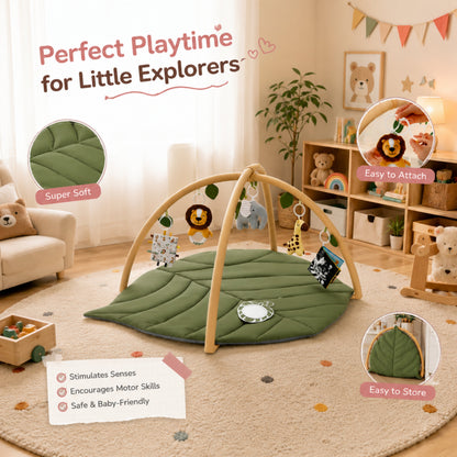 Leaf-Shaped Baby Play Gym Mat with Arch Bars and Hanging Toys