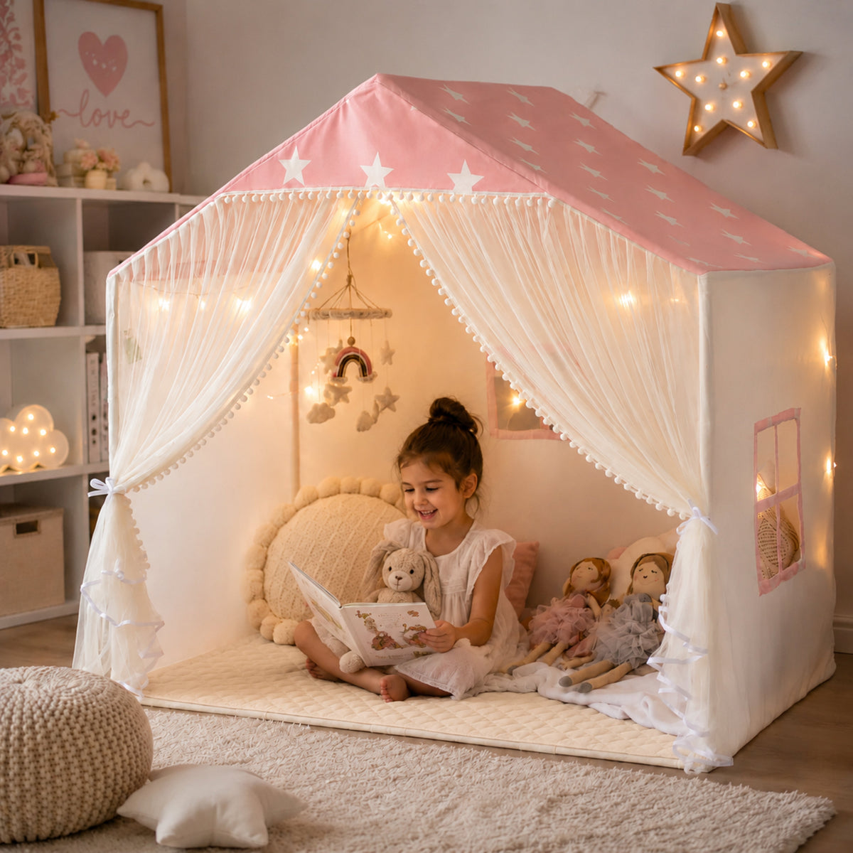 Kids Play Tent with Padded Mat, Lights and Pom Poms, Pink Star