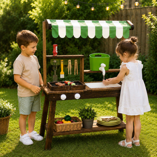 Wooden Outdoor BBQ Play Kitchen with Striped Canopy and Sink