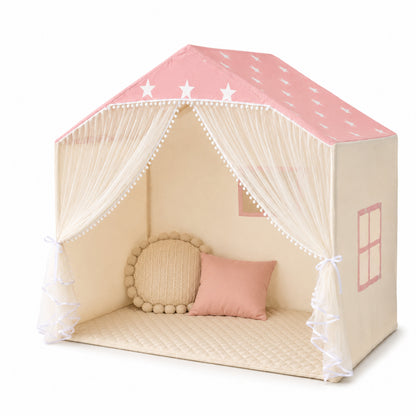 Kids Play Tent with Padded Mat, Lights and Pom Poms, Pink Star