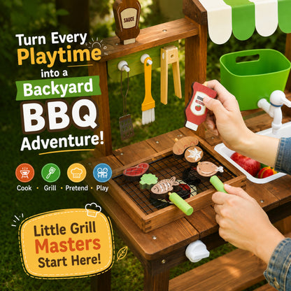 Wooden Outdoor BBQ Play Kitchen with Striped Canopy and Sink