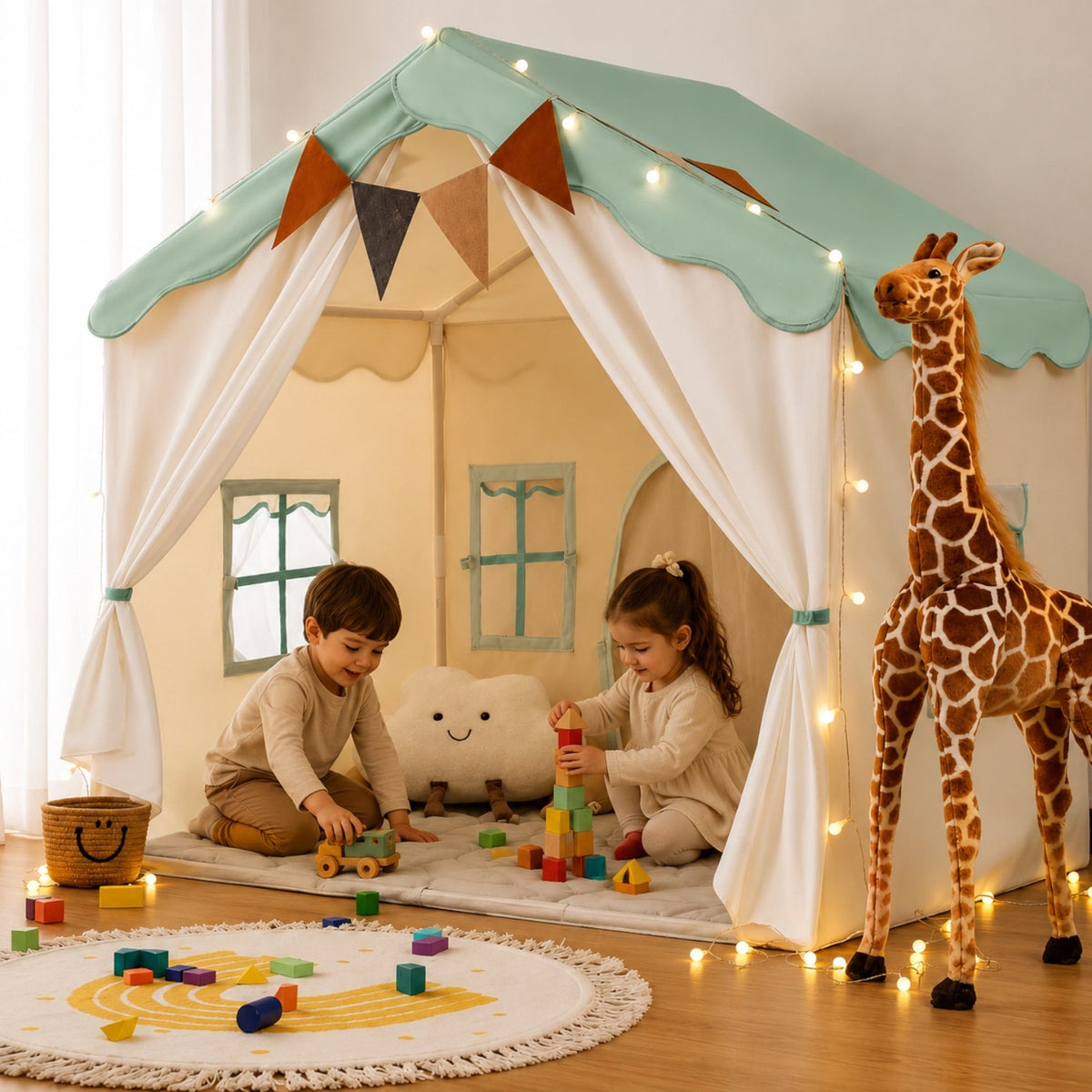 Kids Play Tent with LED Lights and Quilted Padded Mat