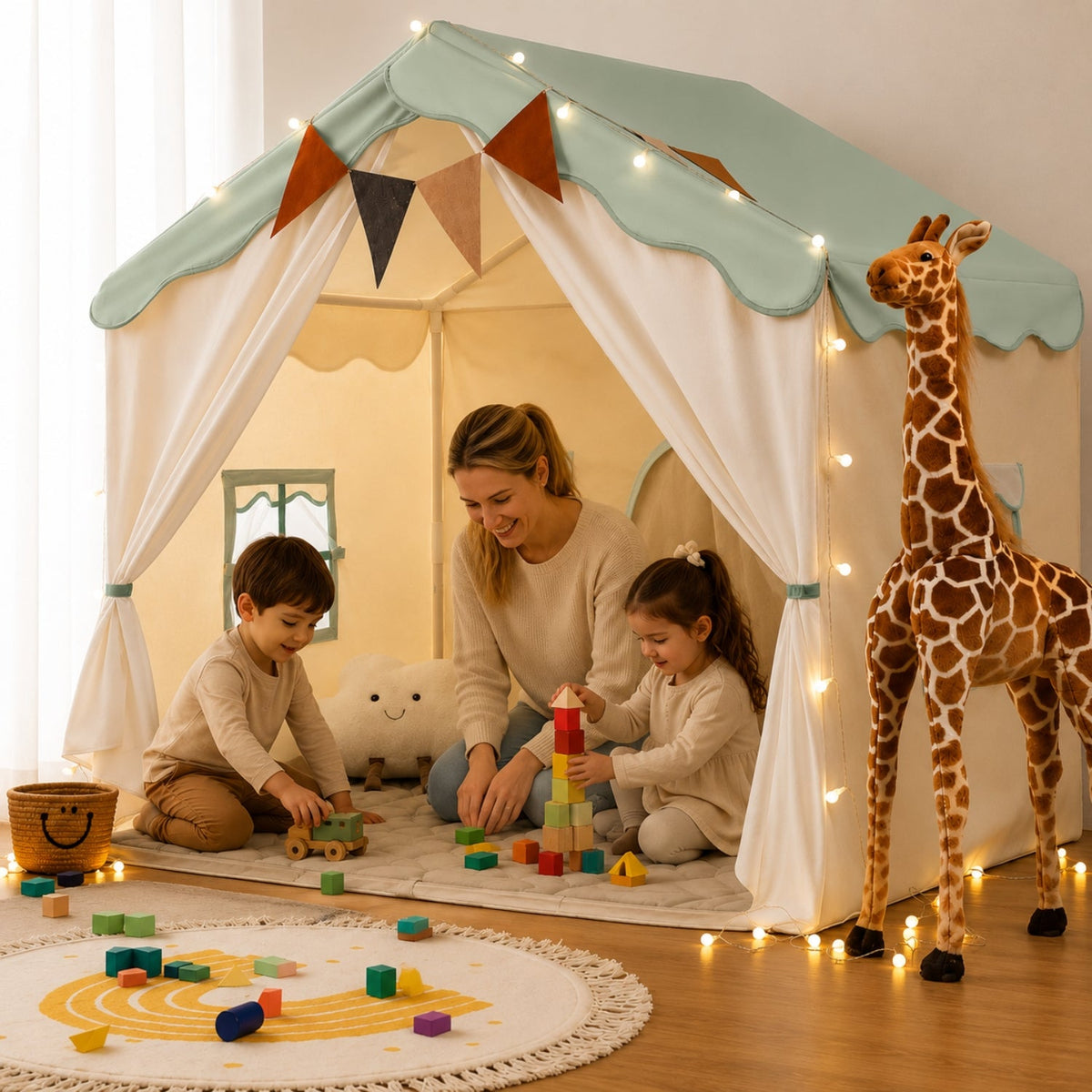 Kids Play Tent with LED Lights and Quilted Padded Mat