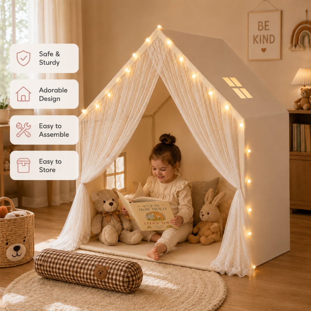 Lace Kids Play Tent with Warm String Lights, Beige